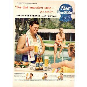 1950 Pabst Blue Ribbon Beer PBR Swimming Pool Burgers Vintage Print Ad Wall Art